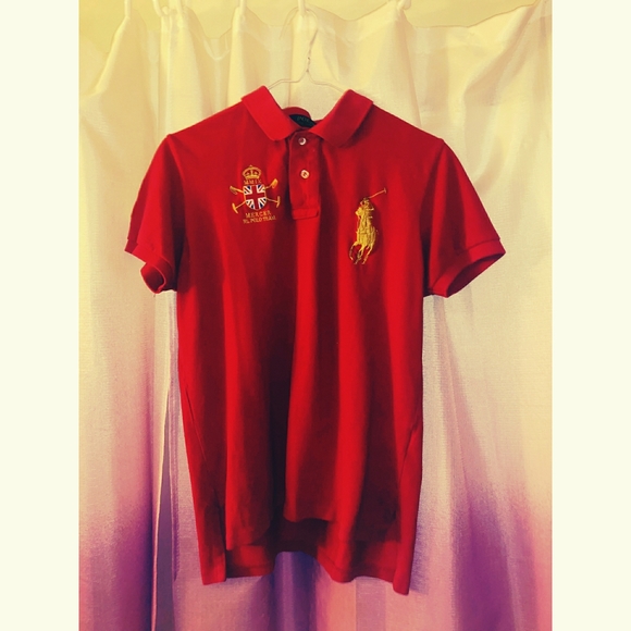red and gold ralph lauren polo shirt